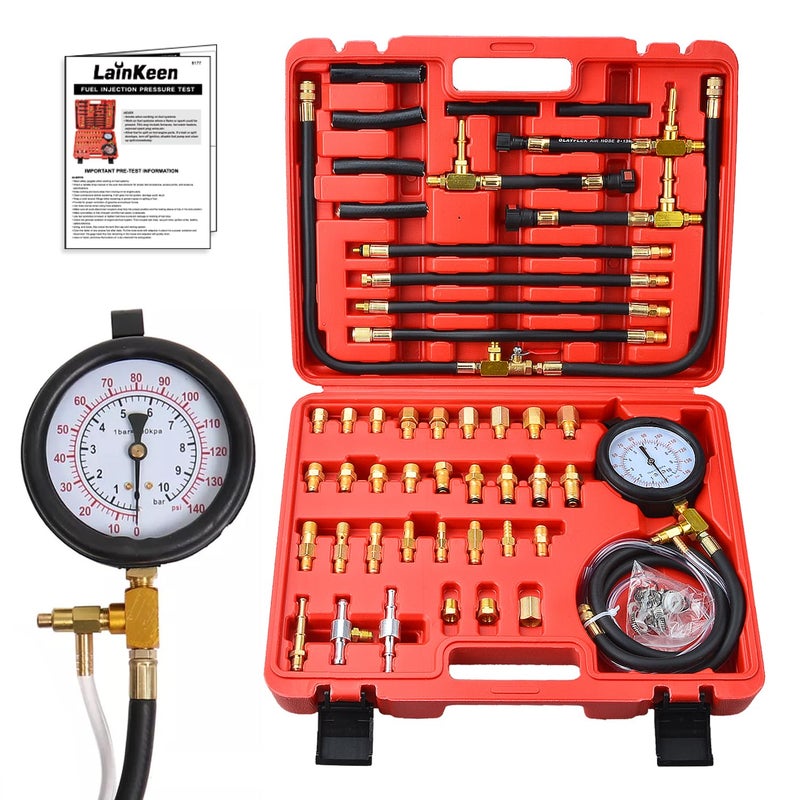 LainKeen Quick Connection Fuel Injection Injector Pressure Tester Gauge Tools Kit 0-140 PSI with 9.49,7.89,6.30 Fuel Line Fittings Suitable for More Engine - Image 1
